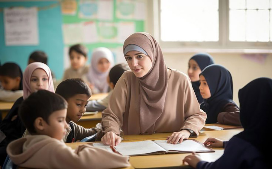 معلم در حال تدریس به سه گروه سنی مختلف: کودک، نوجوان و بزرگسال، نمایش تفاوت‌های روش تدریس و انگیزه‌های یادگیری