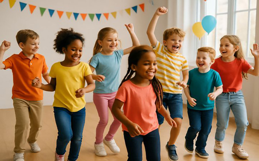 چند کودک در کلاس شاد هستند و در حال بازی و تعامل با هم‌اند؛ نشان‌دهنده تأثیر فعالیت‌های خلاق و مشارکتی در یادگیری کودکان.