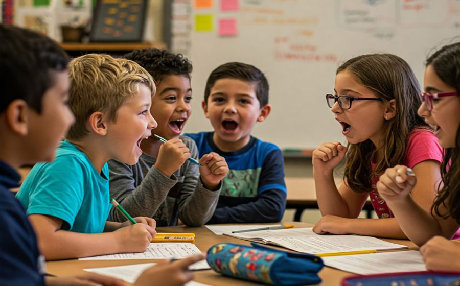 چند کودک با هیجان و لبخند دور میز نشسته‌اند و در بازی آموزشی Mission Time! مشارکت می‌کنند