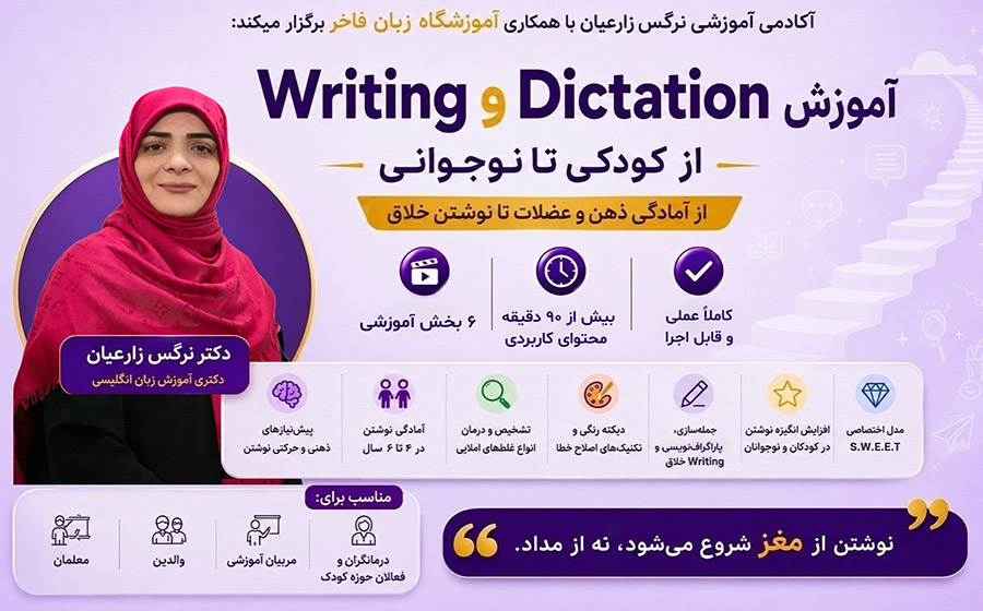 وستر دوره جامع آموزش دیکته و Writing کودکان و نوجوانان در Drzzone با تدریس دکتر نرگس زارعیان شامل آموزش مهارت‌های نوشتن، دیکته، جمله‌سازی و Writing خلاق